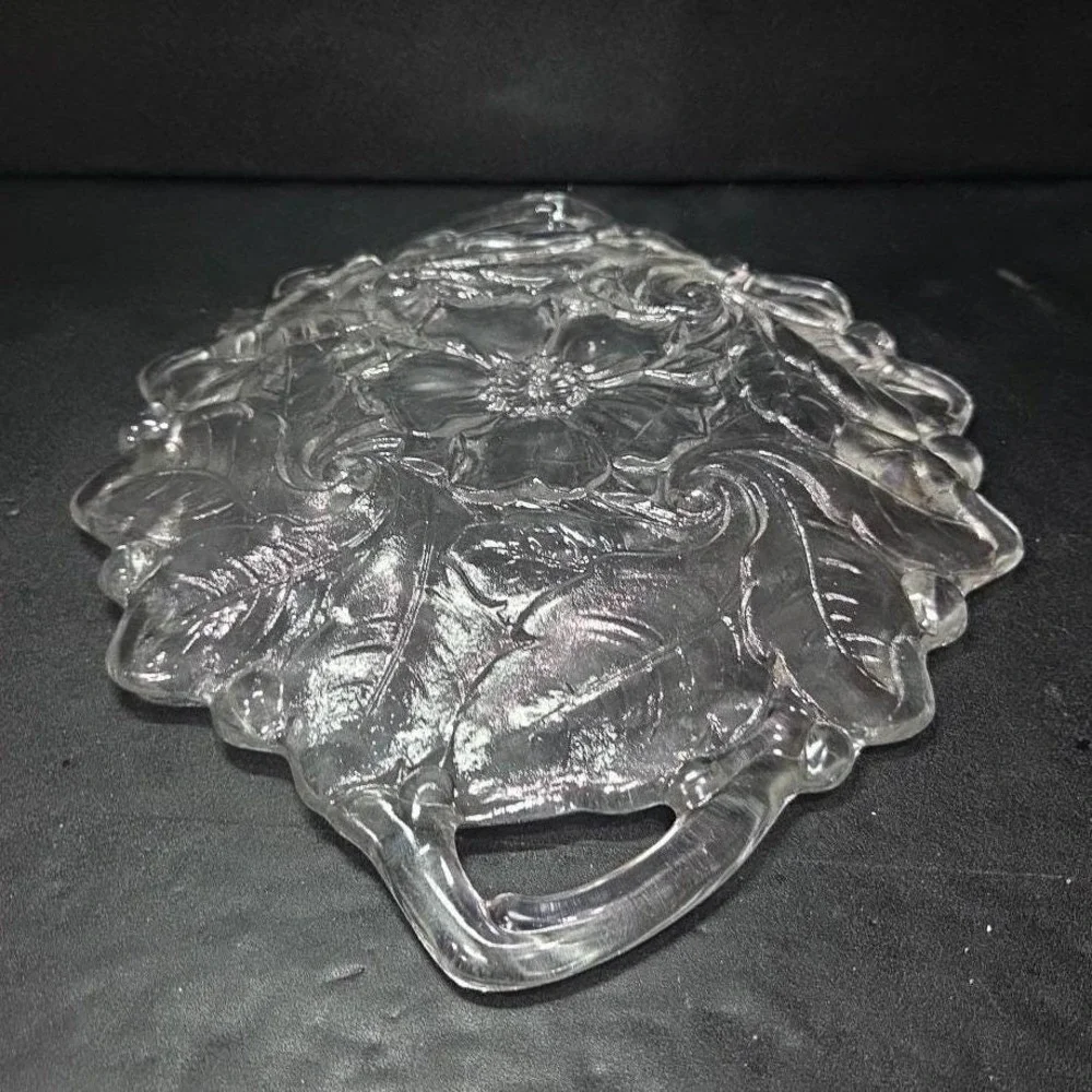 Indiana Glass Handled Serving‎ Tray, Vtg Embossed Wild Roses Design, Centerpiece